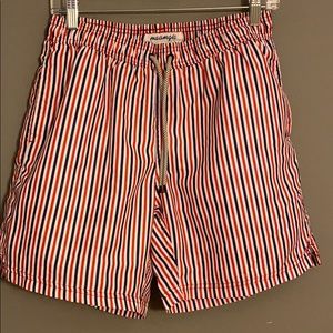 Mens Red Blue & White Lined Swim Trunks Medium